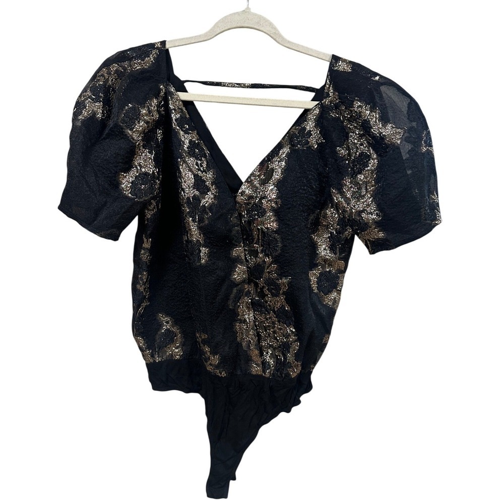 Buddy Love Felicity Black Gold Floral Metallic Brocade Puff Sleeve Bodysuit M